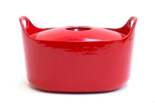 A Timo Sarpaneva Rosenlew red cast iron enamel casserole pot, marked to base, 29.5cmW