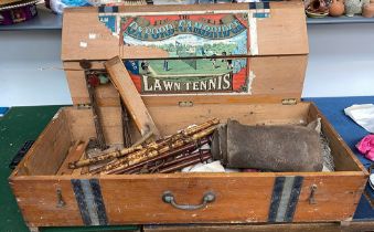 A vintage pine box, the lid (af) labelled 'Oxford and Cambridge Lawn Tennis', containing a variety