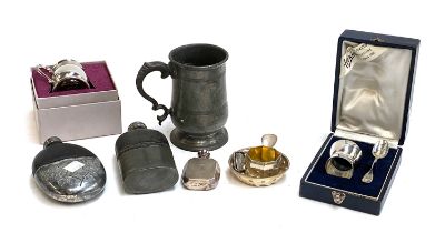 A mixed lot to include white metal christening set, hip flask, plated engine turned flask etc