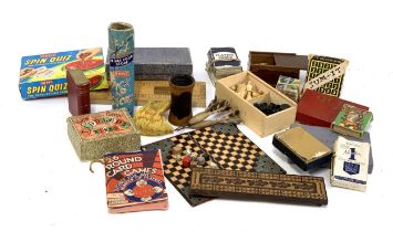 A mixed lot of vintage games, gaming pieces, chess, Tunbridge ware bridge board etc