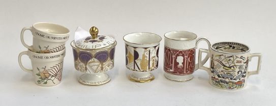 A Bristol Pottery God Speed the Plough twin handled mug; three commemorative Coalport items with
