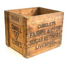 A vintage wooden crate 'Cubelets Fairrie & Co. Ltd, Sugar Refiners, Liverpool', 51x40x41cm