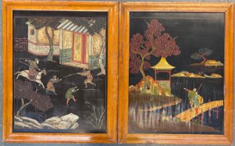 Two Chinese lacquered panels, hand painted battle and pagoda scenes, in burr maple frames, 70x54cm