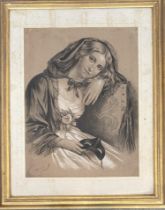 E. Hellier (?), 19th century mezzotint, heightened in white, lady a holding a masquerade mask,