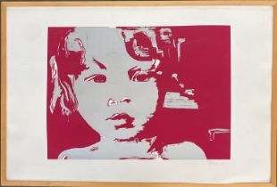 A screen print of a girl, signed Tarka? 07, numbered 1/1, 73x111cm