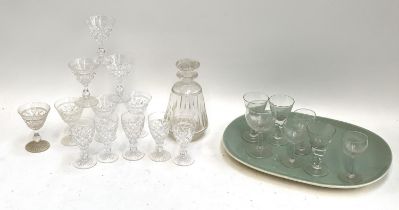 A mixed lot of cut glass to include Stuart decanter, together with a Poole pottery meat plate, 41cmW