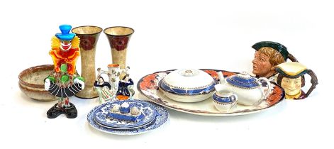 A mixed lot to include a pair of Regalware vases, Murano glass clown, Booth's meat plate, Royal