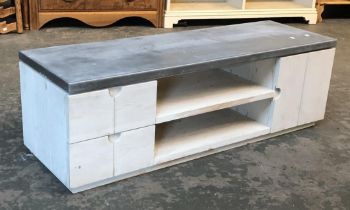 A zinc topped low console table, with drawers and cabinet, 126x40x41cmH