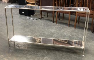 A narrow mirrored console table with undershelf, 140x26x80cmH