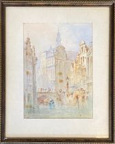 A small late 19th/early 20th century watercolour of a continental street scene, signed