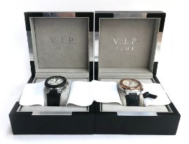 Two VIP Time wrist watches, one in black, the other in a rose gold colour, the white dials with