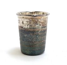 A novelty silver thimble spirit measure by P H Vogel & Co, Birmingham 1962, , 'Just a Thumble Full',