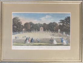 An 18th century colour engraving, 'A perspective view of the bowling green etc, at Gubbins in