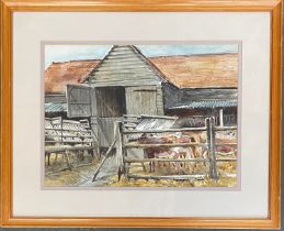 Erina Crossley, 'Cookham', watercolour of calves in a farmyard, 27x37cmH