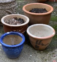 Four planters: small blue glazed planter, 20cmH, terracotta pot, 32cmH etc