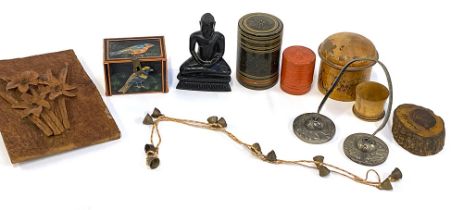A mixed lot to include lacquered pots, carved ebony Buddha, carved wooden daffodil plaque etc
