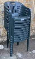 Ten stackable green plastic garden chairs