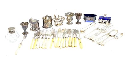 A mixed lot of plated wares to include various lidded mustards; flatware to include fish knives