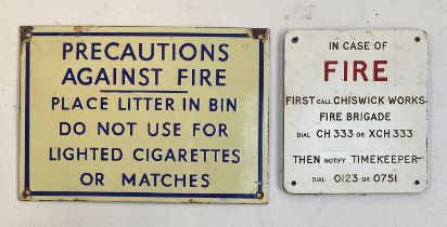 A likely London Transport enamel sign for cautions against fire, 13x19cm, together with a further in