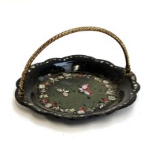 A Victorian lacquered papier mache and mother of pearl swing handled basket, 22cmD