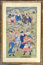 An early 20th century Chinese gouache on silk painting depicting various immortals, 31x19cm