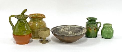 A mixed lot of studio pottery to include grey fruit bowl with square design, 26cmD; oil jug, green