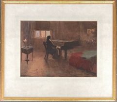 Alfred Montegue Rivers, watercolour of a lady at a piano, signed lower right, 26x36cm