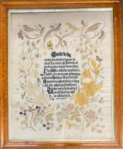 A large 19th century needlework sampler, 'Consider the lilies' surrounded by birds, lilies and