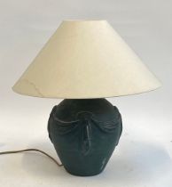 A blue ceramic table lamp with swag decoration, 51cmH to top of shade