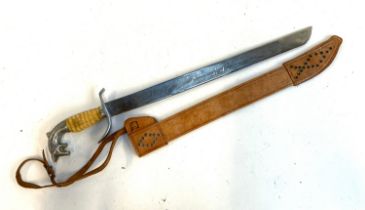 A reproduction Mexican sword, with leather sheath, 64cmL overall