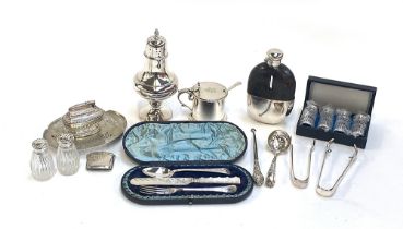 A lot of plated wares, to include a leather clad hip flask with bayonet fitting; large sugar caster;