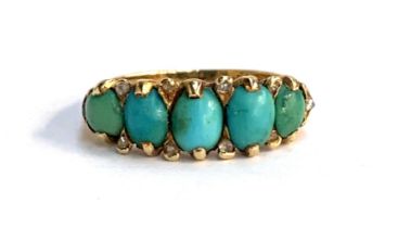 An 18ct gold, turquoise and diamond chip five stone ring, size L, 3.6g