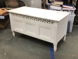 A white painted blanket box, 95x43x50cmH; together with a small footstool with rush seat (2)