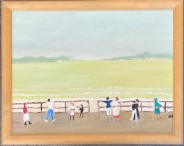 20th century oil on canvas, figures walking by the sea, 34x44cm