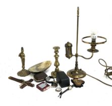 A mixed lot to include brass table lamp; figural brass table lamp base; Limit wristwatches; early