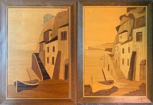 A pair of Italian mid century sorrento ware marquestry pictures, each approx. 38x28cm