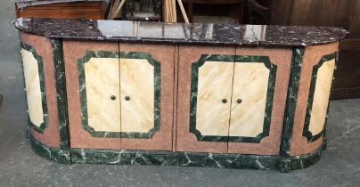 A 20th century credenza, marble top (af) over a painted faux marble base, 200x43x81cmH