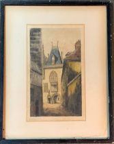 Margaret Aulton (1871-1962), an early 20th century coloured engraving of a French alleyway, singed