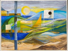 Hazel Comley, abstract beach scene, oil on canvas, signed, 76.5x102cm