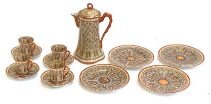 A Japanese Kutani style coffee service comprising coffee pot, cups, saucers and side plates