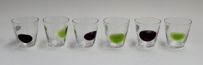 A set of approx. 30 glass tumblers with green and purple colour design