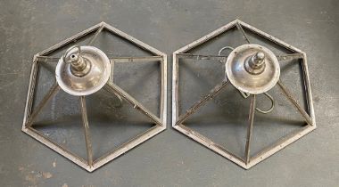 A pair of hexagonal twin fitting ceiling lights, glass missing, 53cmW