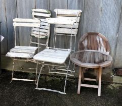 Two pairs of wooden and metal garden chairs, together with two small wooden garden tables, 50cmD