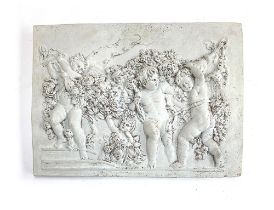 After Francois Duquesnoy, painted terracotta relief plaque depicting cherubs, 28x38cm