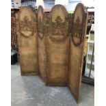 An embossed leather four fold screen, each panel 47x178cmH