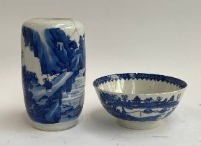 A Chinese blue and white Kangxi style vase (af), depicting mountain scenes, 17.5cm; together with an