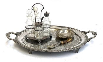 A silver plated tray, cruet set, pin dish etc