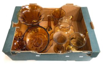 A box of amber glass to include vases and jugs