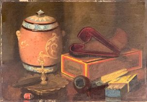 Late 19th century oil on canvas, still life with pipe and matches, 23x33cm