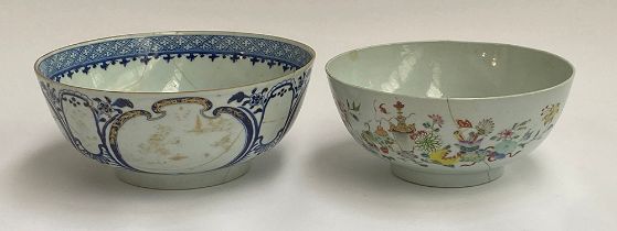 Two Chinese bowls (af), one blue and white with worn clobbered decoration, the other decorated